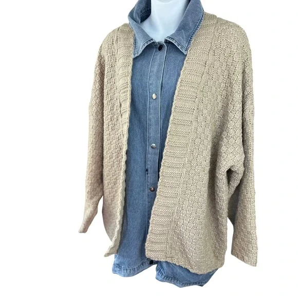 BIBI NWT SZ LGE Denim Trucker Cardigan Sweater Combo Tan Knit Oversized Layering - Picture 5 of 16